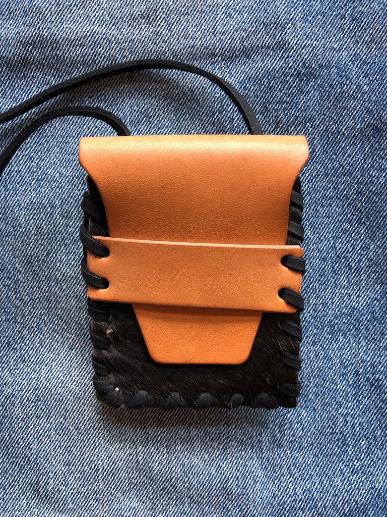 Laced Crossbody Wallet in Black Cowhide & Natural Vegetable Tanned Leather
