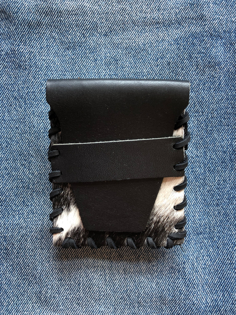 Laced Wallet in Black and White Cowhide & Black Leather