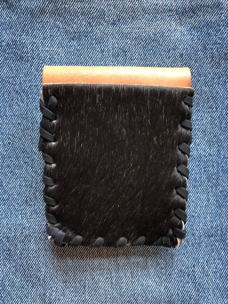Laced Wallet in Black Cowhide and Natural Vegetable Tanned Leather