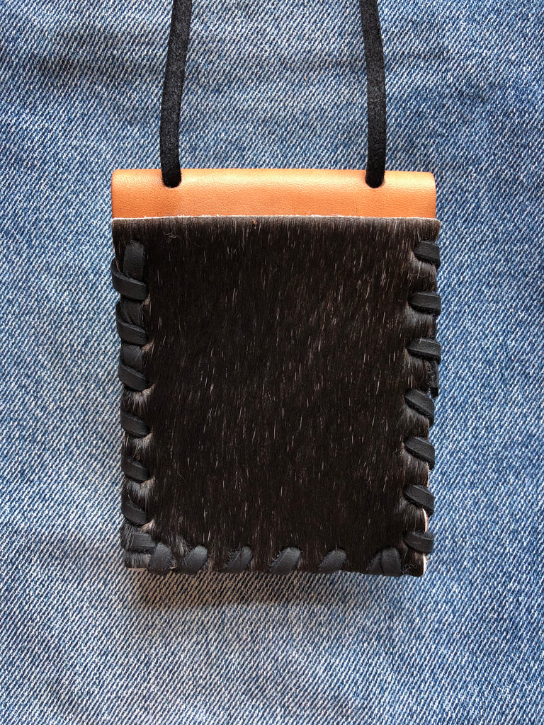 Laced Crossbody Wallet in Black Cowhide & Natural Vegetable Tanned Leather