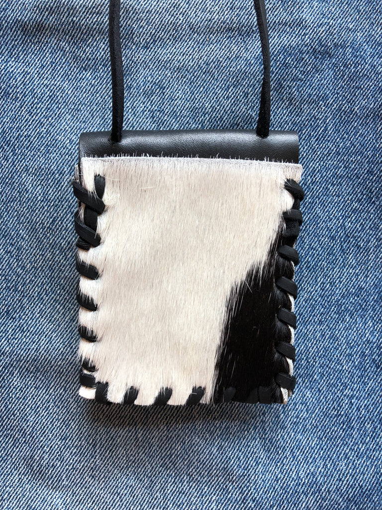 Laced Crossbody Wallet in Black and White Cowhide & Black Leather