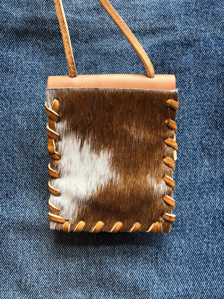 Laced Crossbody Wallet in Brown and White Cowhide & Vegetable Tanned Leather