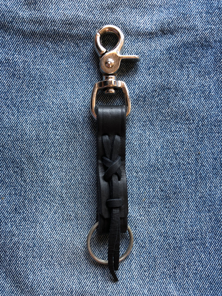 Laced Key Fob in Black Leather with Black Rawhide