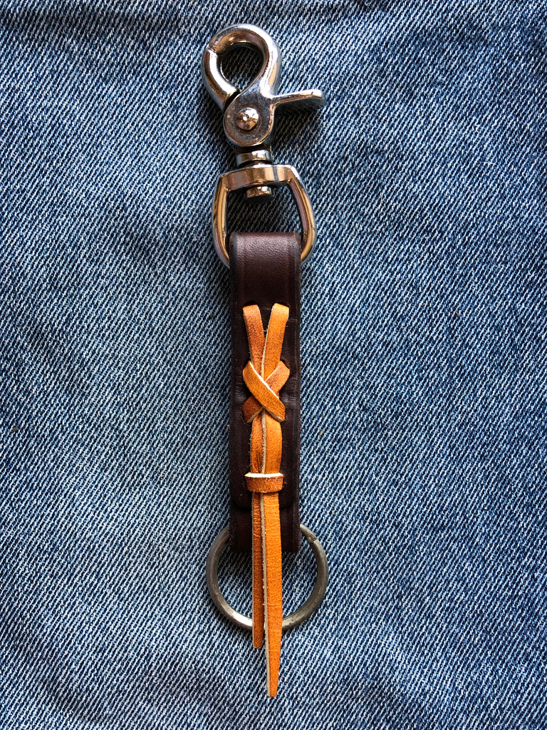Laced Key Fob in Chocolate Brown Leather with Natural Rawhide