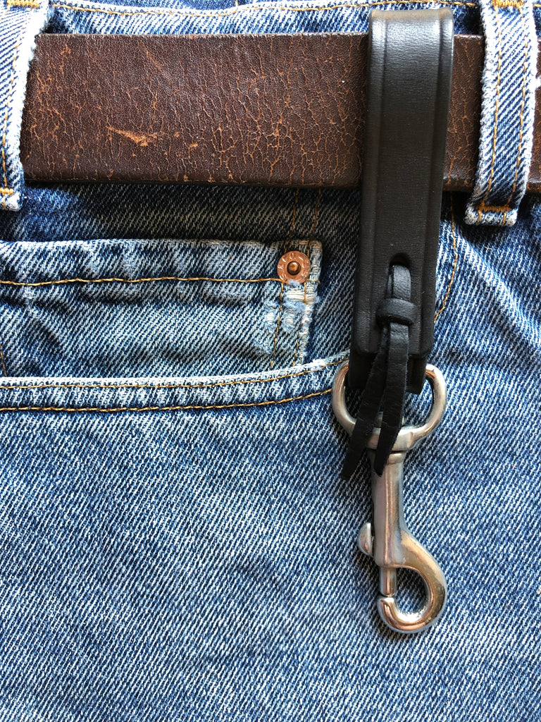 Loop Key Fob in Black Leather with Black Rawhide